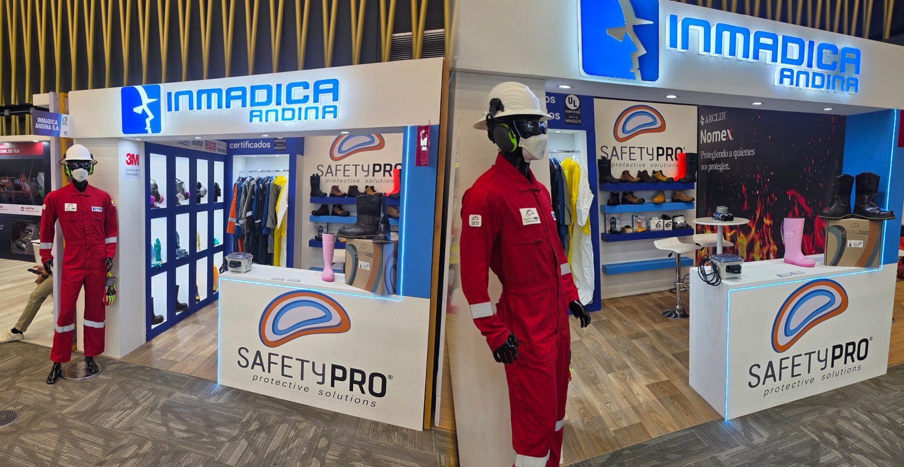 Stand N° 17 de Inmadica Andina y SafetyPro en el XXIII Congreso Colombiano de Petróleo, Gas y Energía, con exhibición de dotación y calzado SafetyPro